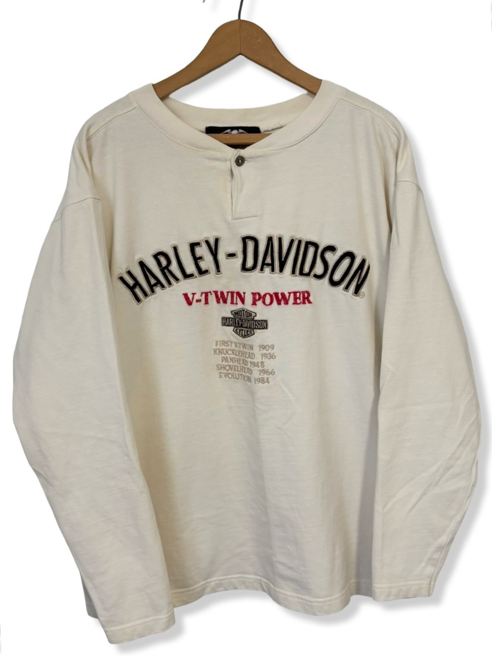 Vintage Harley-Davidson Embroidered Cream Long Sleeve Henley